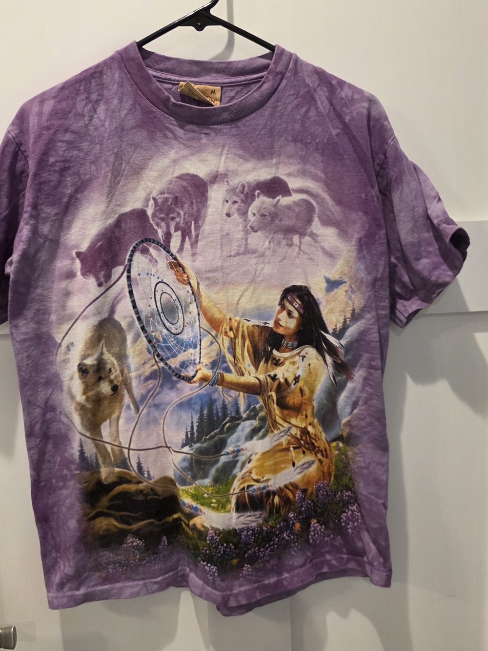 VTG THE MOUNTAIN T Shirt Mens M Purple Tie Dye Woman Indian Wolf Dreamcatcher